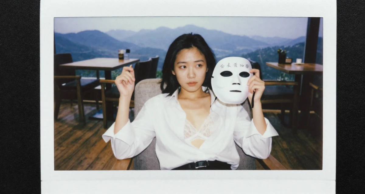 A distracted Female From China, holds a degree in human resource management in their 25, balancing sexiness with professionalism, wearing a white button-down shirt worn open over a lace bra, holding a mask (cosplay/prop) in a cozy café.