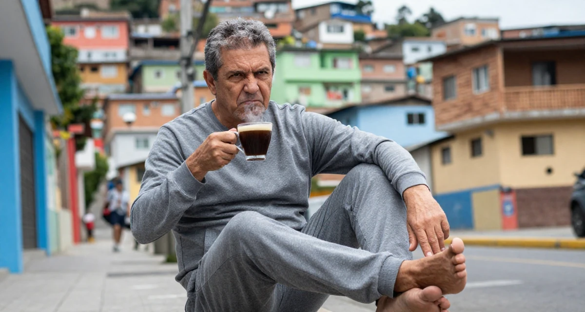 A ferocious male From Ecuador, studied system engineering in their 33, navigating the complexity of senior leadership, wearing a comfortable lounge wear set, tapping a foot rhythmically in a urban street.