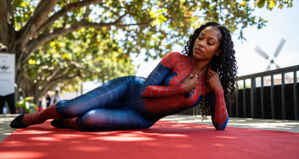 A mysterious Female From Bahamas, studied finance and banking in their 24, embracing weekends of solitude and rest, wearing a spider-themed villainess suit, fixing a collar in a red carpet event.