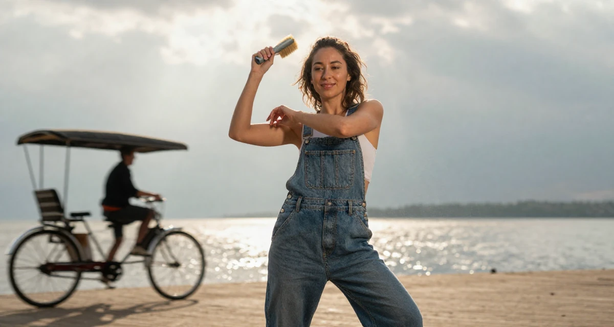 A warmhearted Female Former street-dance trainee, now offering choreography-based fan content in their 38, focused on longevity and holistic wellness, wearing a relaxed dungarees or overalls, brushing off dust in a lakeside dock.