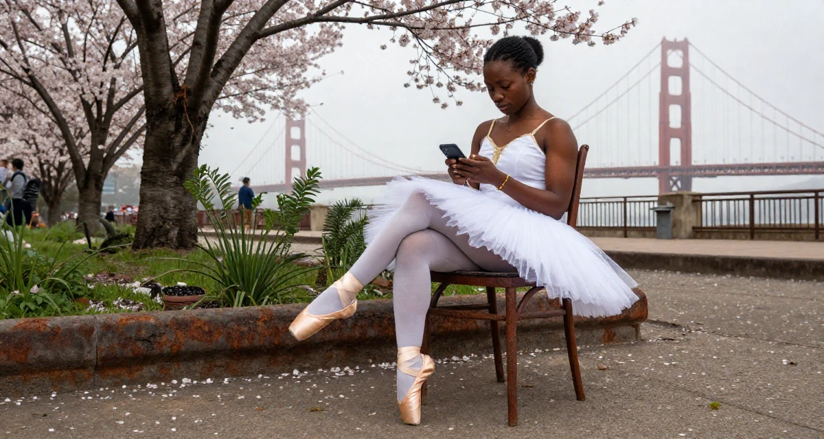 A soulful Female From Abuja Nigeria, studied public administration in their 27, dealing with the emotional cost of visibility, wearing a ballet tutu and satin pointe shoes, checking a phone in a cherry blossom park.