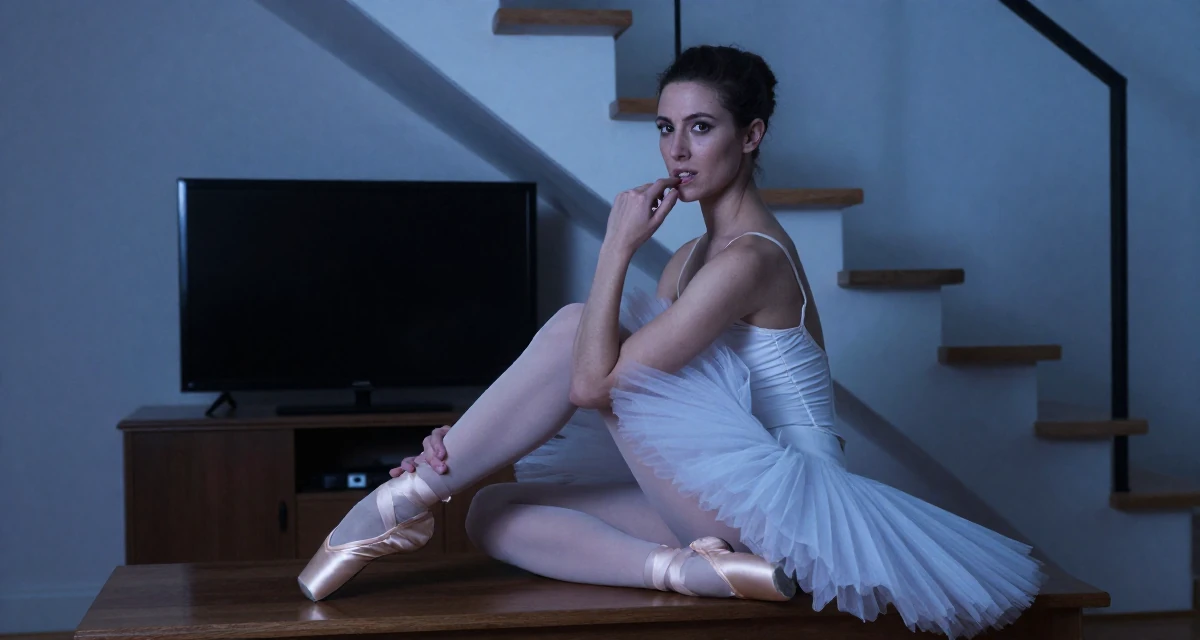 A arrogant Female From Lyon France, studied fashion marketing in their 46, creating a sanctuary at home for relaxation, wearing a ballet tutu and satin pointe shoes, biting a lip thoughtfully in a tv set.