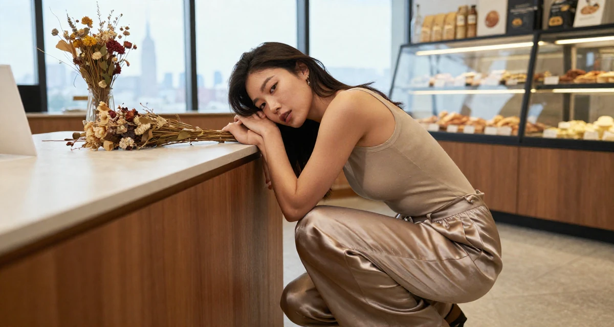 A compassionate Female Based in South Korea, studied fashion merchandising in their 25, identifying strengths and weaknesses, wearing a loose silk trousers and a fitted tank top, leaning head on a hand in a bakery counter.