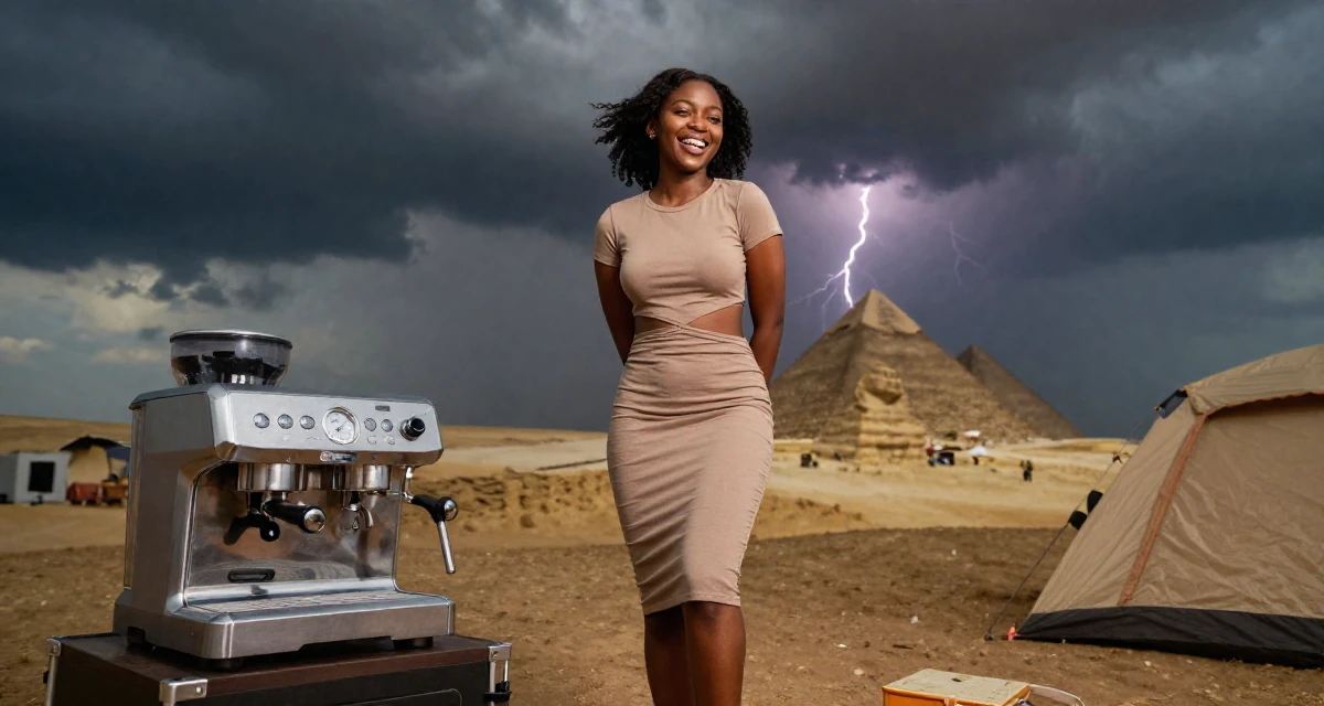 A joyful Female From Lagos Nigeria, majored in digital marketing in their 25, experimenting with outfit themes and props, wearing a fitted midi dress with a cutout at the waist, pausing mid-step in a camping site.