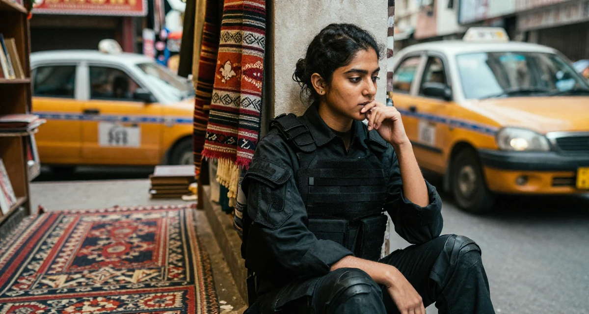 A quietly content Female From Mumbai India, studied film production in their 25, embracing solitude and self-discovery, wearing a special forces tactical suit in matte black, biting a lip thoughtfully in a bookstore aisle.