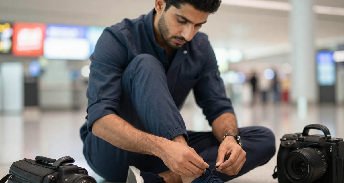 A observant male From Abu Dhabi UAE, learned studio production and lighting design in their 25, upgrading equipment slowly as earnings grow, wearing a chic jumpsuit styling, tying a shoelace in a airport terminal.