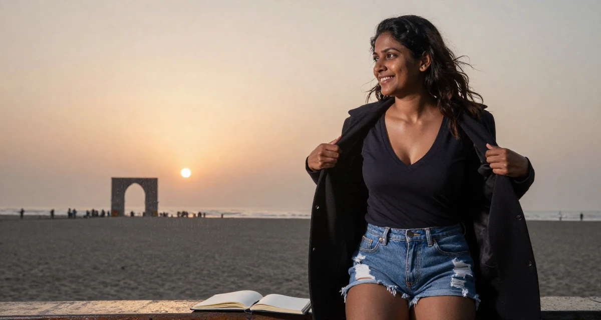 A happy Female Raised in Bangladesh, studied consumer insights in their 29, preparing for the transition into the 30s, wearing a deep v-neck t-shirt and distressed denim shorts, unbuttoning a coat in a sunset beach.