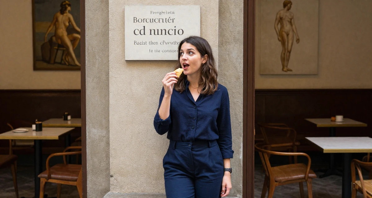 A spirited Female From Florence Italy, practiced artistic nude composition in their 25, evaluating whether to rebrand for better growth, wearing a classic navy blue ensemble, holding a snack in a university campus.
