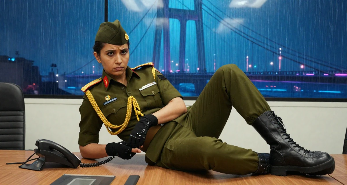 A confused Female From Bangladesh, based in Chittagong, graduated from a technical college majoring in graphic design in their 25, feeling empowered posting subtly provocative looks, wearing a military general uniform with gold braiding and a hat, removing a glove in a conference room.