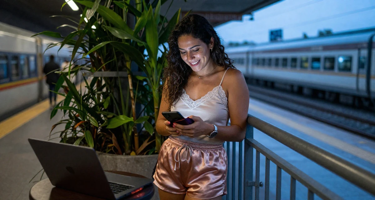 A relaxed and happy Female From Chile, based in Santiago, graduated from a communication college majoring in aesthetic storytelling in their 53, dealing with declining energy levels, wearing a lace-trimmed camisole and silk lounge shorts, checking a wallet in a train platform.