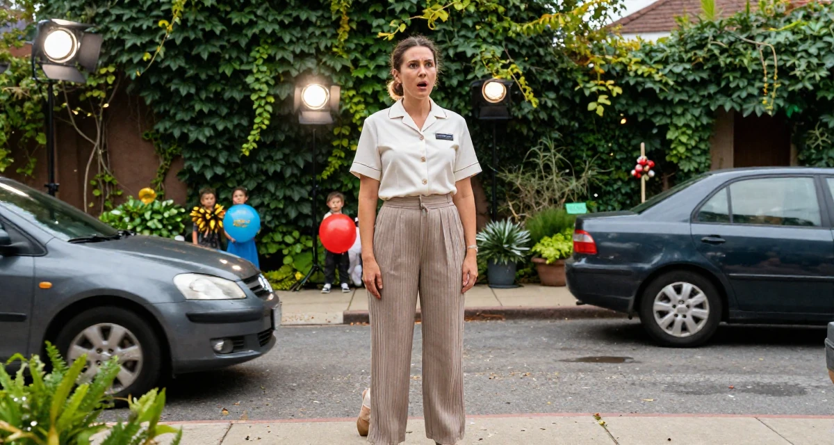 A stunned Female Former hotel housekeeper, now offering intimate behind-the-scenes content in their 30, standing tall with unshakeable dignity, wearing a relaxed fit pleated trousers, watching traffic pass by in a backyard garden.