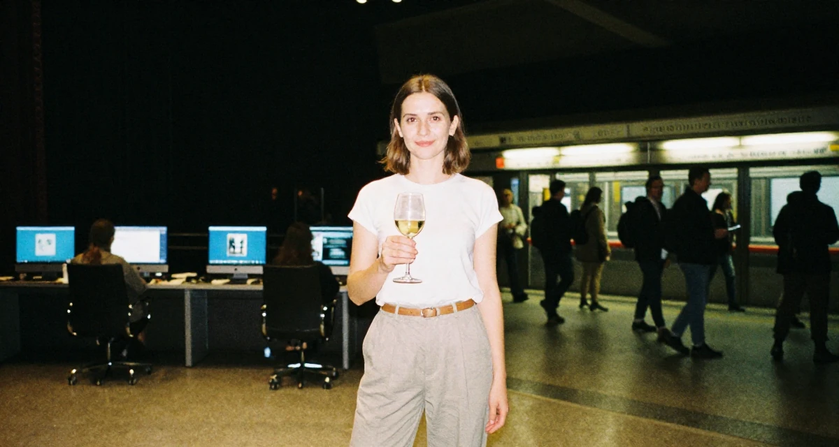 A satisfied Female From Ukraine, studied software engineering in their 25, realizing 25 is still incredibly young, wearing a minimalist everyday clothing, holding a wine glass by the stem in a theater stage.