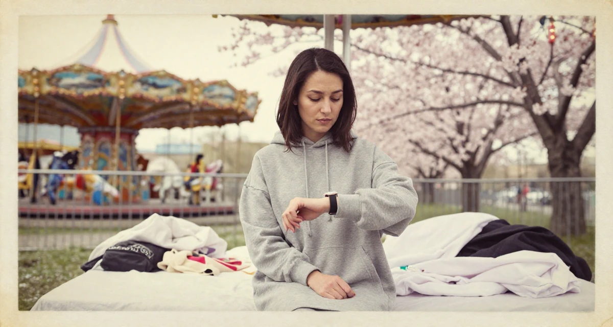 A sentimental Female Former spa receptionist, now blending beauty with calm-aesthetic content in their 47, preparing for empty-nest life, wearing a oversized hoodie worn as a dress, checking a wristwatch in a carnival with rides.