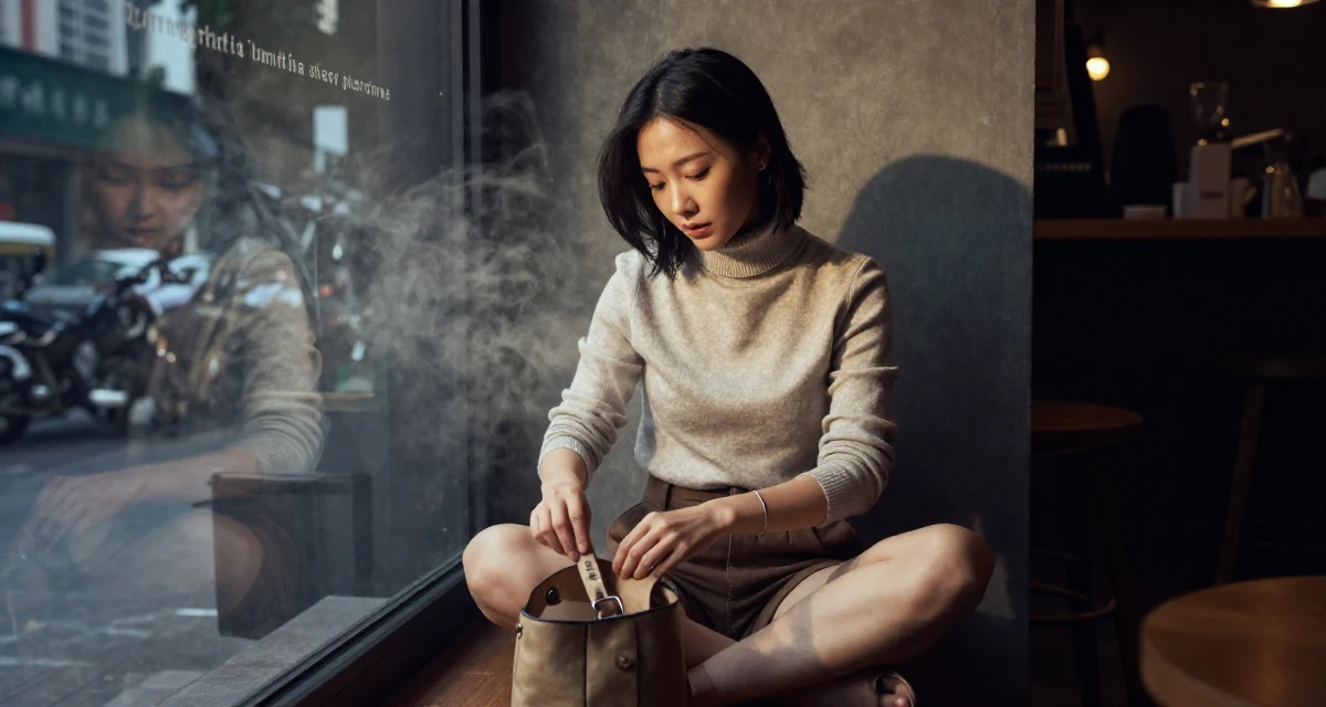 A carefree Female From China, holds a degree in human resource management in their 24, embracing weekends of solitude and rest, wearing a turtleneck sweater tucked into high-waisted shorts, closing a bag in a coffee shop corner.