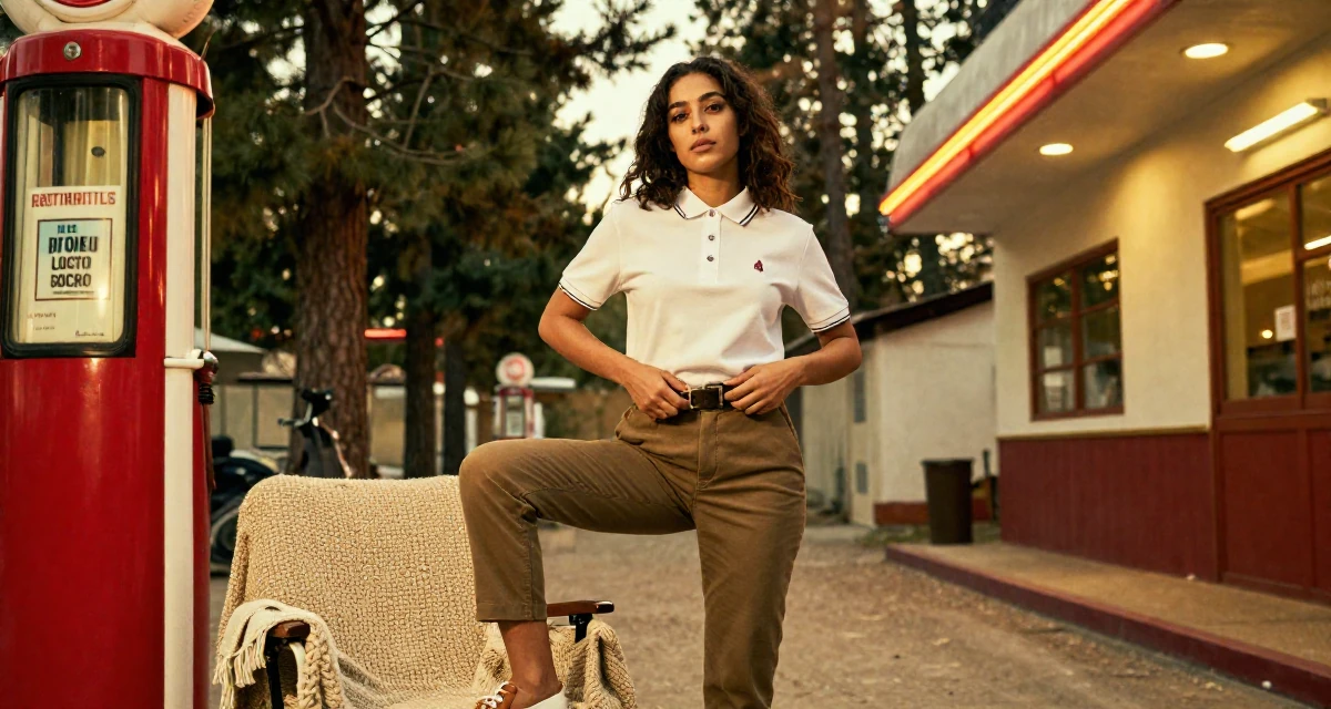 A guarded Female From Arabic-speaking world, studied international logistics in their 22, developing a bold persona that feels authentically “me”, wearing a smart polo shirt and slacks, fixing a belt buckle in a neon-lit alleyway.