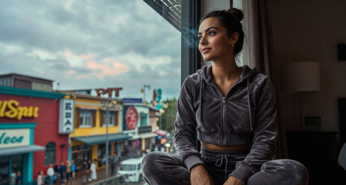 A flirty Female Once a real-estate assistant, now a full-time self-portrait artist in their 26, exploring digital nomad life, wearing a velour tracksuit with a cropped zip-up hoodie, looking out the window in a luxury spa room.