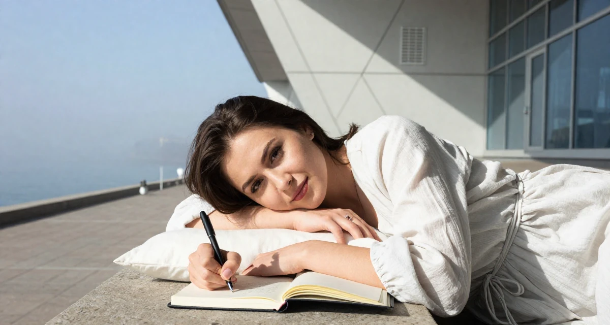 A cheeky Female Raised in Kazakhstan, majored in global business in their 25, pretending confidence while filming take after take, wearing a light and airy spring attire, writing in a journal in a foggy harbor.