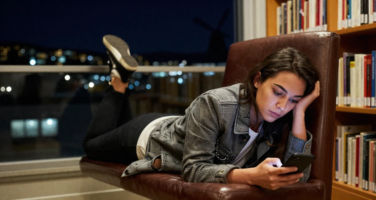 A exhausted Female From Wellington New Zealand, studied creative writing and visual narrative in their 22, adapting to the shift from school to full-time work, wearing a structured jacket with casual tee, checking a phone in a library aisle.