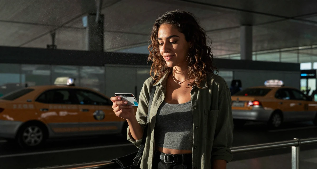 A sympathetic Female From Israel, majored in computational biology in their 24, curating an elegant–sexy creator identity, wearing a relaxed streetwear, holding a subway card in a airport terminal.