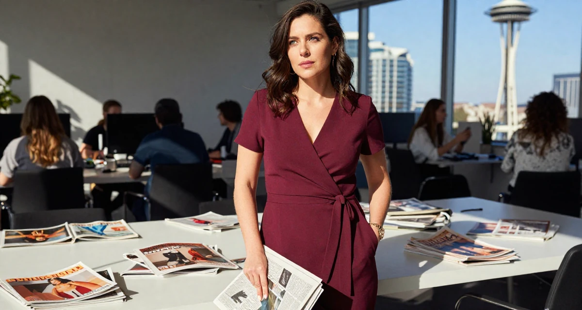 A fearless Female From Canada, has a diploma in graphic design in their 29, solidifying professional reputation, wearing a elegant wrap dress in deep burgundy, holding a newspaper in a busy coworking space.