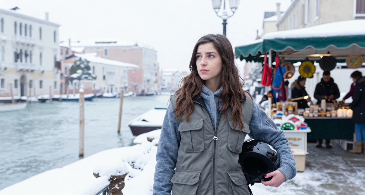 A nostalgic Female Grew up in Spain, studied international business in their 25, starting college life away from home, wearing a urban explorer utility vest look, holding a helmet under one arm in a garden patio.
