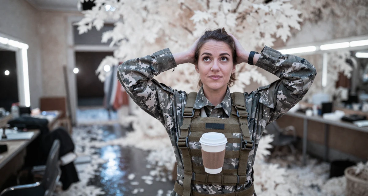 A grateful Female Grew up in Croatia, studied interaction design in their 25, questioning long-term direction, wearing a commando outfit with camouflage paint and tactical harness, holding a coffee cup with both hands in a backstage dressing room.