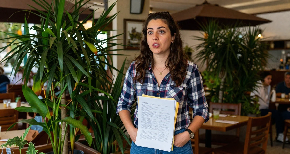 A vibrant Female Born in Cyprus, studied tourism development in their 23, embracing flirtatious storytelling in creative sets, wearing a casual plaid button-down, carrying a stack of documents in a high-end restaurant.