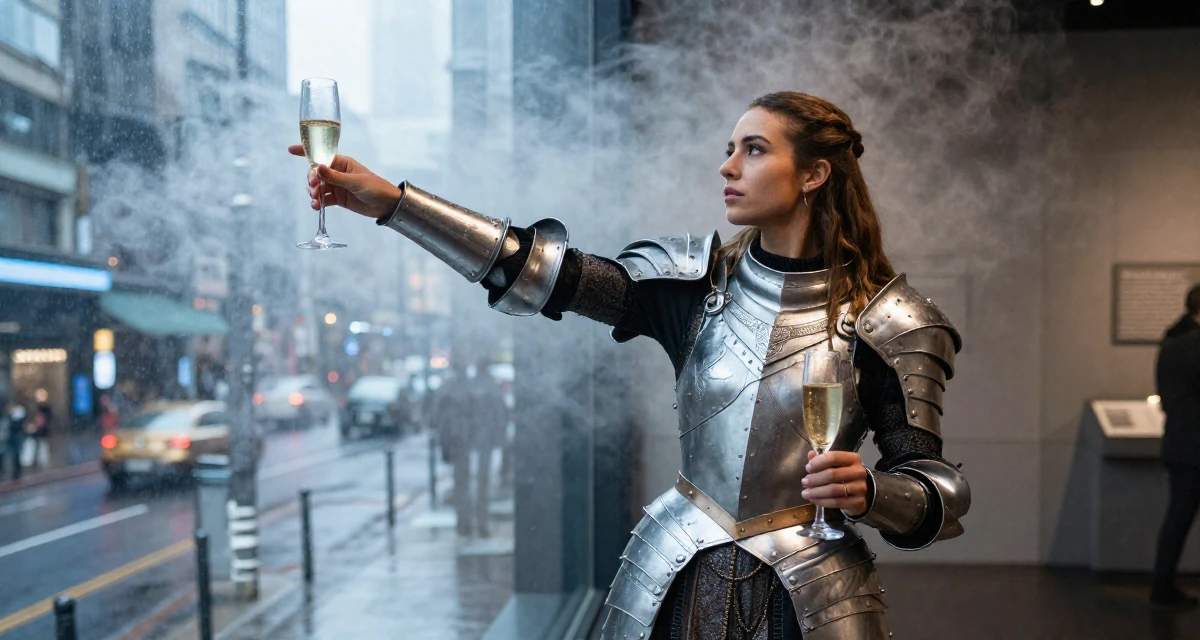 A ethereal Female Born in South Africa, studied political communication in their 29, analyzing every detail of social interactions, wearing a fantasy warrior princess armor made of silver metal, holding a champagne glass in a museum exhibit.