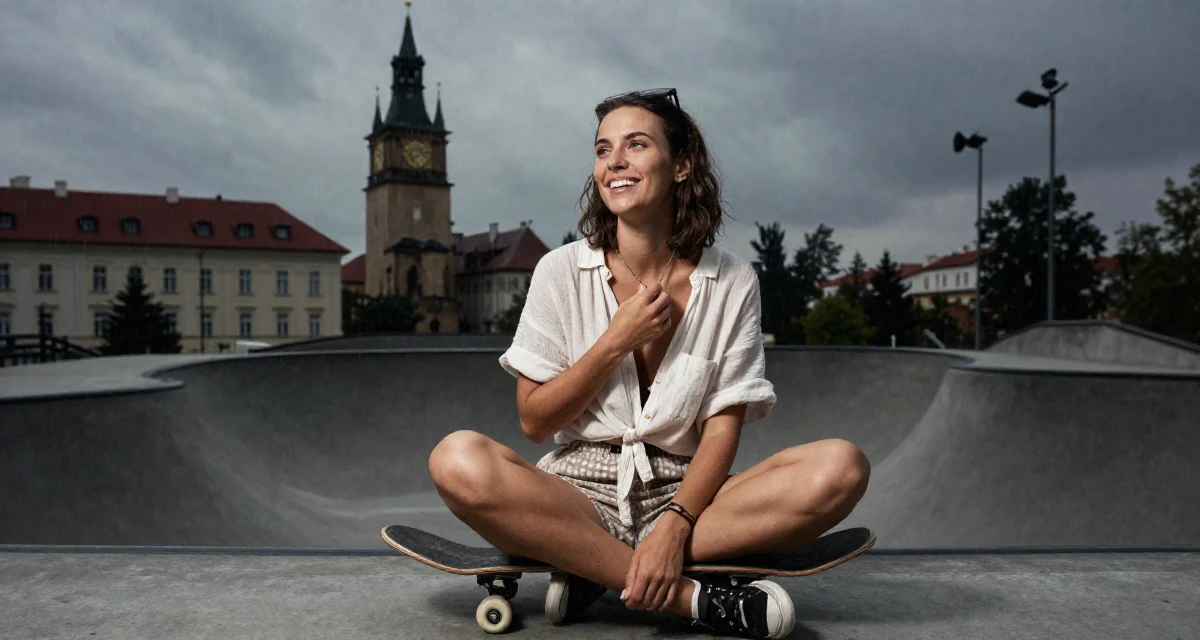 A joyful Female From Prague Czech Republic, explored intimate photography as art in their 20, creating content for a growing online audience, wearing a breezy summer vacation outfit, touching a necklace in a skate park.