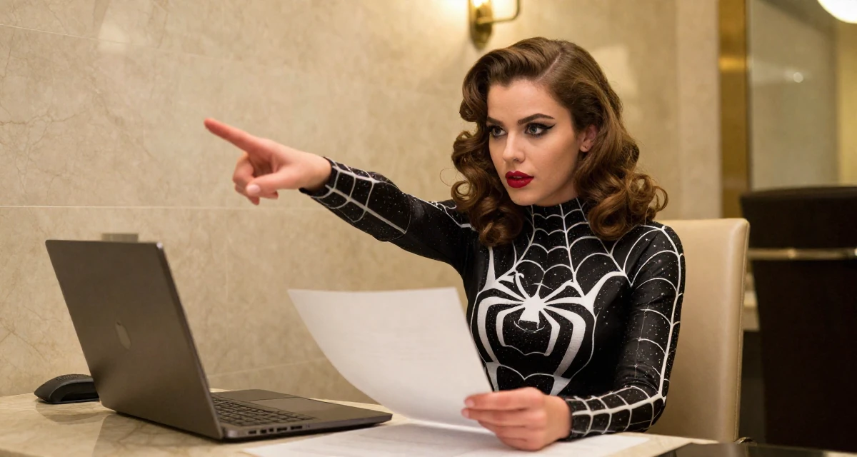 A engrossed Female Raised in the UAE, studied consumer behavior analytics in their 25, coping with homesickness during first year away, wearing a spider-themed villainess suit, holding a piece of paper in a office break room.