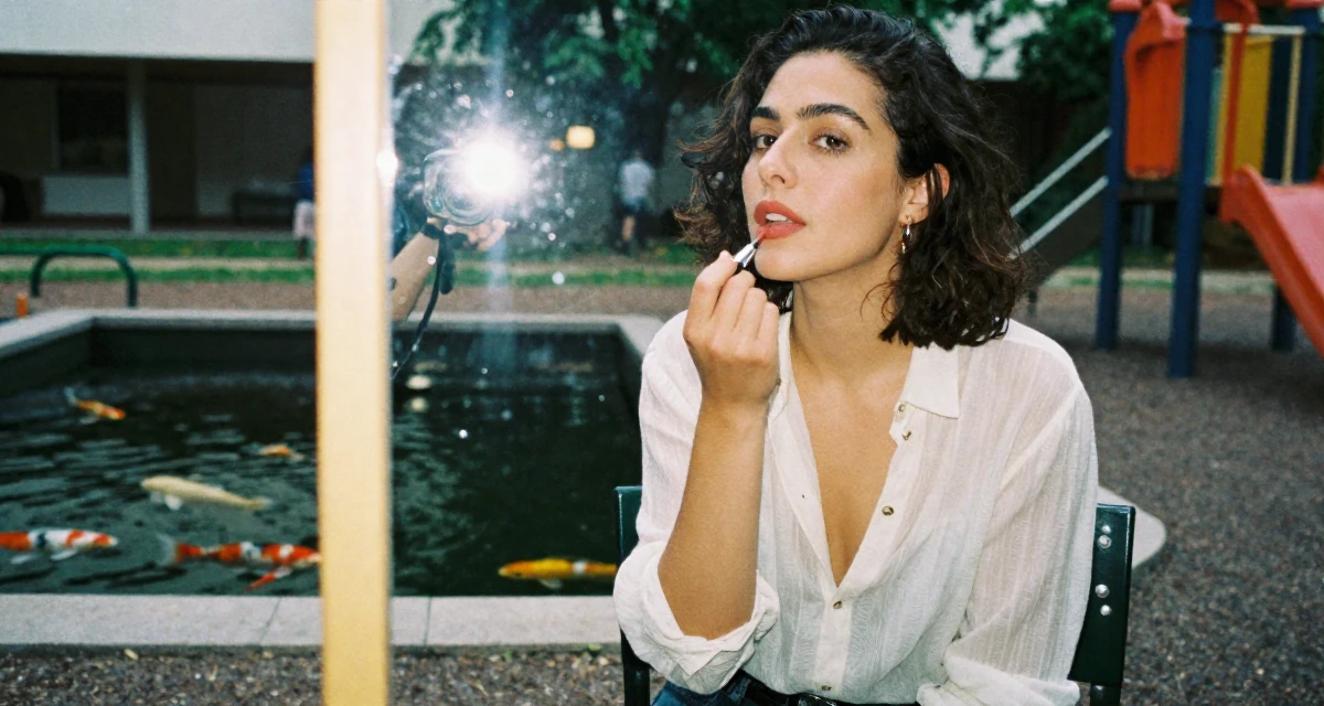 A glowing Female From France, studied fashion design in their 27, recovering from hustle culture fatigue, wearing a lightweight chiffon blouse slightly unbuttoned, applying lipstick in a school playground.