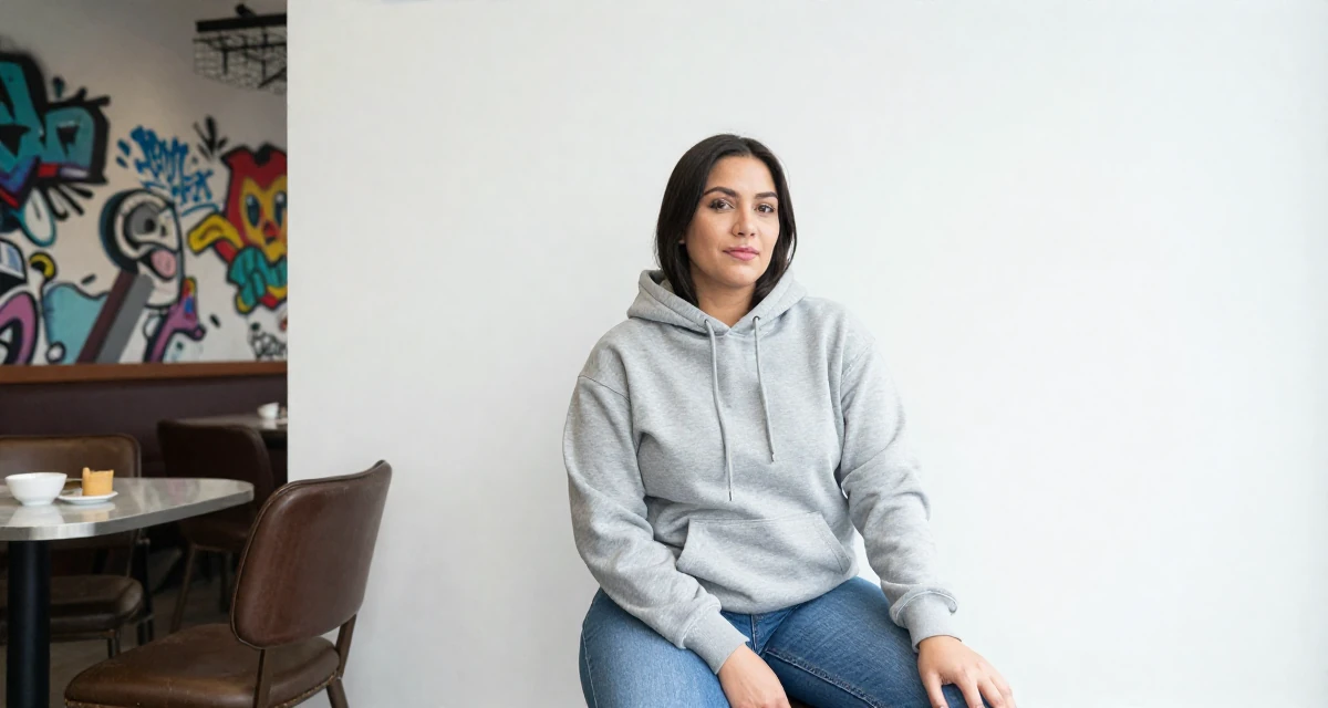 A confident and poised Female From Jakarta Indonesia, developed body-positive messaging through community work in their 37, trying to stabilize income streams, wearing a classic grey hoodie and jeans, posing for a selfie in a graffiti art wall.