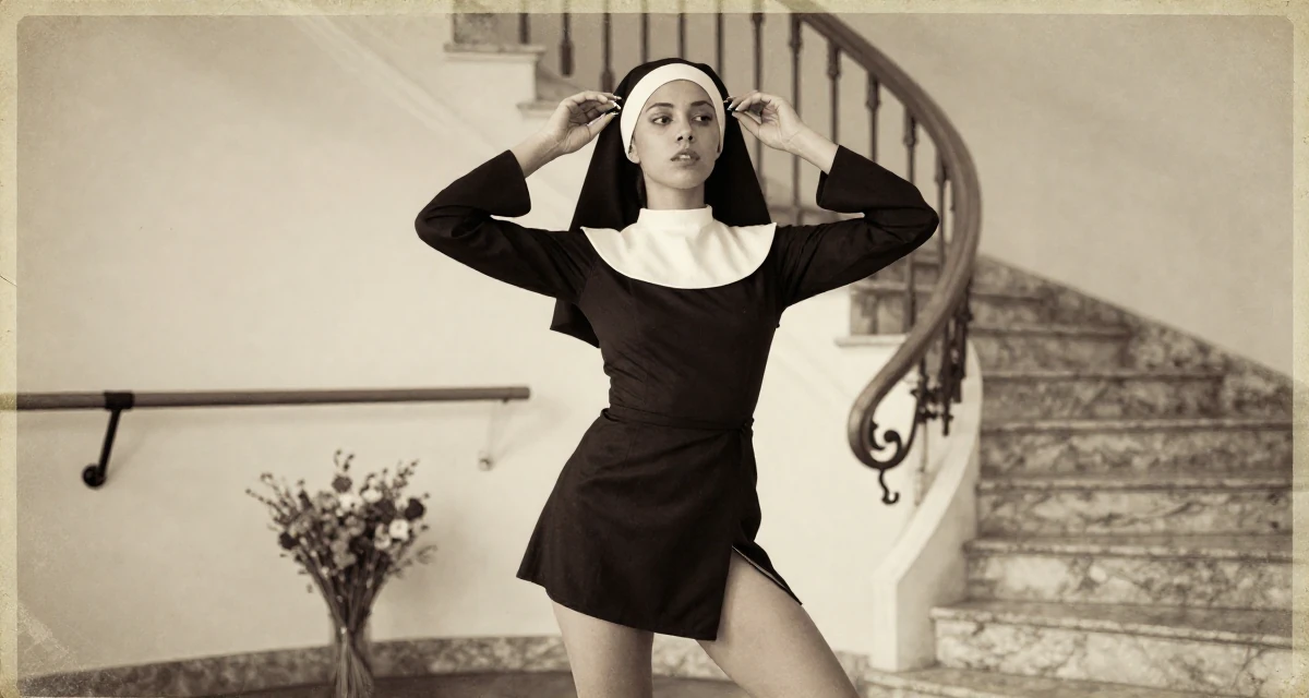 A introspective Female From Barbados, majored in digital entrepreneurship in their 25, starting to understand fan psychology, wearing a gothic nun habit with a modified short skirt, adjusting a hairpin in a ballet studio.