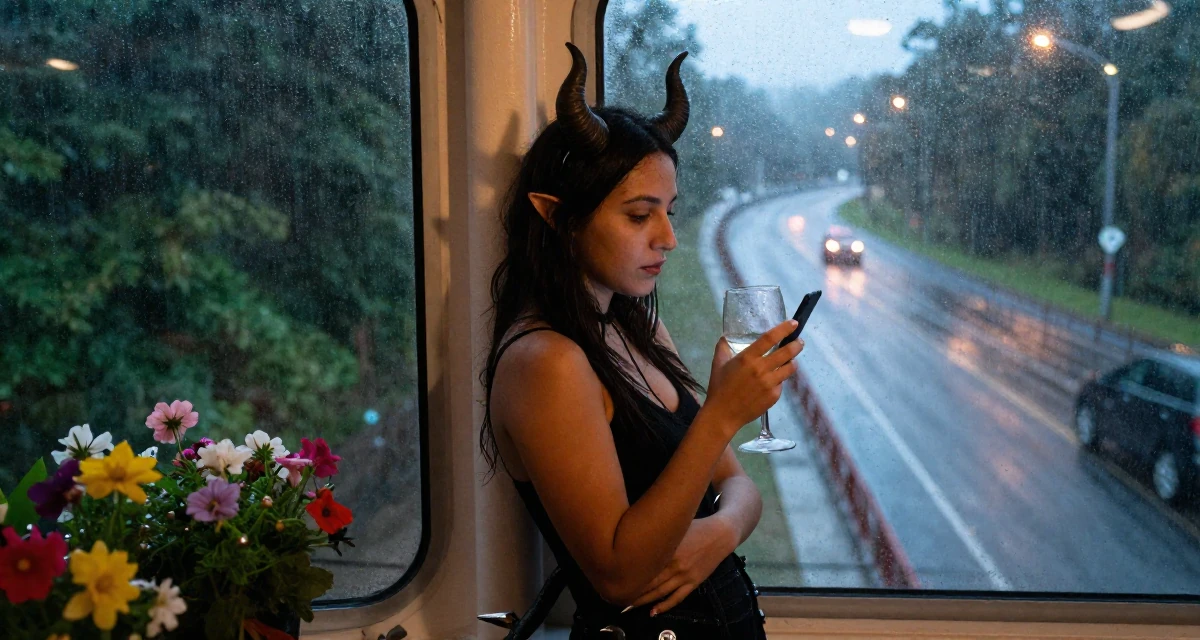 A carefree Female Raised in Mexico, majored in e-commerce management in their 21, feeling lonely despite being constantly online, wearing a demon girl outfit with horns and a spiked tail, holding a wine glass by the stem in a cruise ship deck.