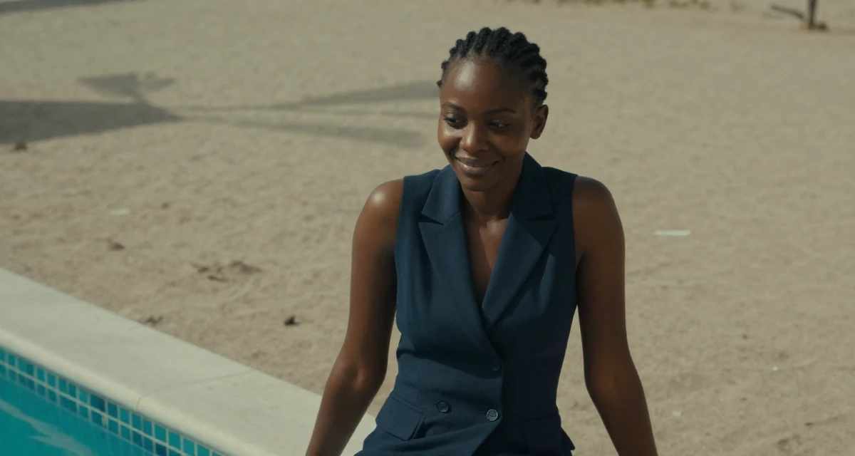 A delighted Female Raised in Kenya, studied digital entrepreneurship in their 24, exploring opportunities for self-expression, wearing a sleeveless blazer dress showing toned arms, glancing sideways in a swimming pool deck.