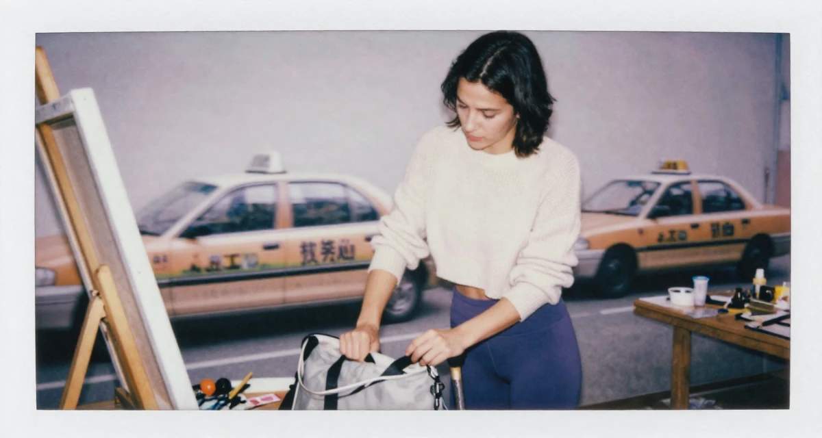 A resolute Female Once a kindergarten teacher, now a full-time lifestyle content creator in their 22, managing new financial responsibilities, wearing a cropped knitted sweater and form-fitting yoga pants, closing a bag in a artist workshop.