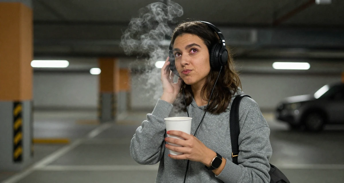 A playful Female From Chile, studied commercial design in their 23, seeking spiritual grounding amidst chaos, wearing a grey tones casual wear, listening to music with headphones in a underground parking garage.