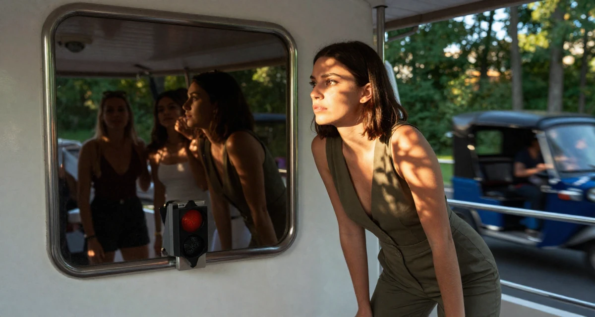 A timid Female From Hungary, majored in communication strategy in their 20, feeling invincible on a night out with friends, wearing a tailored jumpsuit with a deep v-neck, waiting for a light to change in a yacht deck.