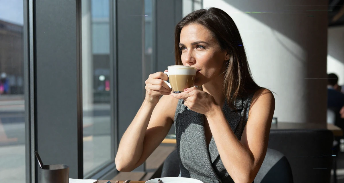 A compassionate Female From Poland, based in Gdańsk, graduated from a communication college majoring in expressive personal branding in their 46, advocate for work-life balance in leadership, wearing a sleeveless blazer dress showing toned arms, sipping a latte in a high-end restaurant.