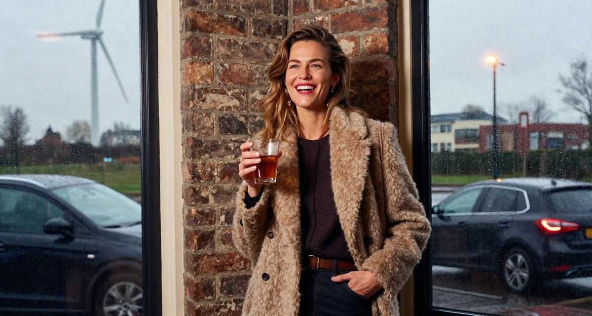 A enthusiastic Female From Netherlands, studied media and culture in their 30, radiating an aura of elegance and poise, wearing a warm winter layered look, holding a cold drink in a fashion design studio.