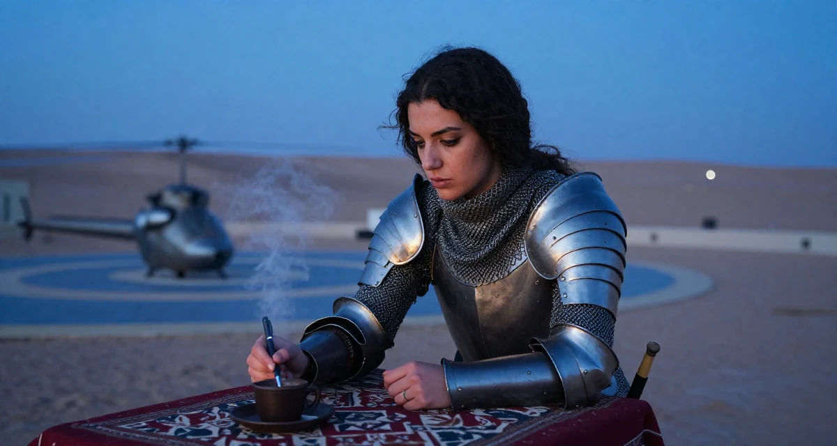 A sincere Female From Lebanon, based in Beirut, graduated from a creative institute majoring in expressive photoshoot styling in their 24, fine-tuning creative style and lighting setups, wearing a female knight armor with a tabard and chainmail, holding a pen in a desert landscape.