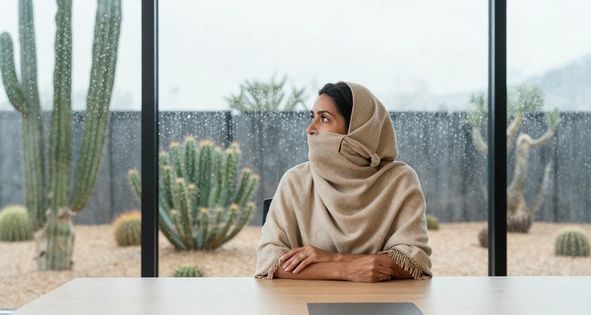 A curious and focused Female From USA, studied supply chain management in their 50, inspiring others to start over at any age, wearing a desert nomad wrap outfit with a face veil, looking out the window in a glass-walled conference room.