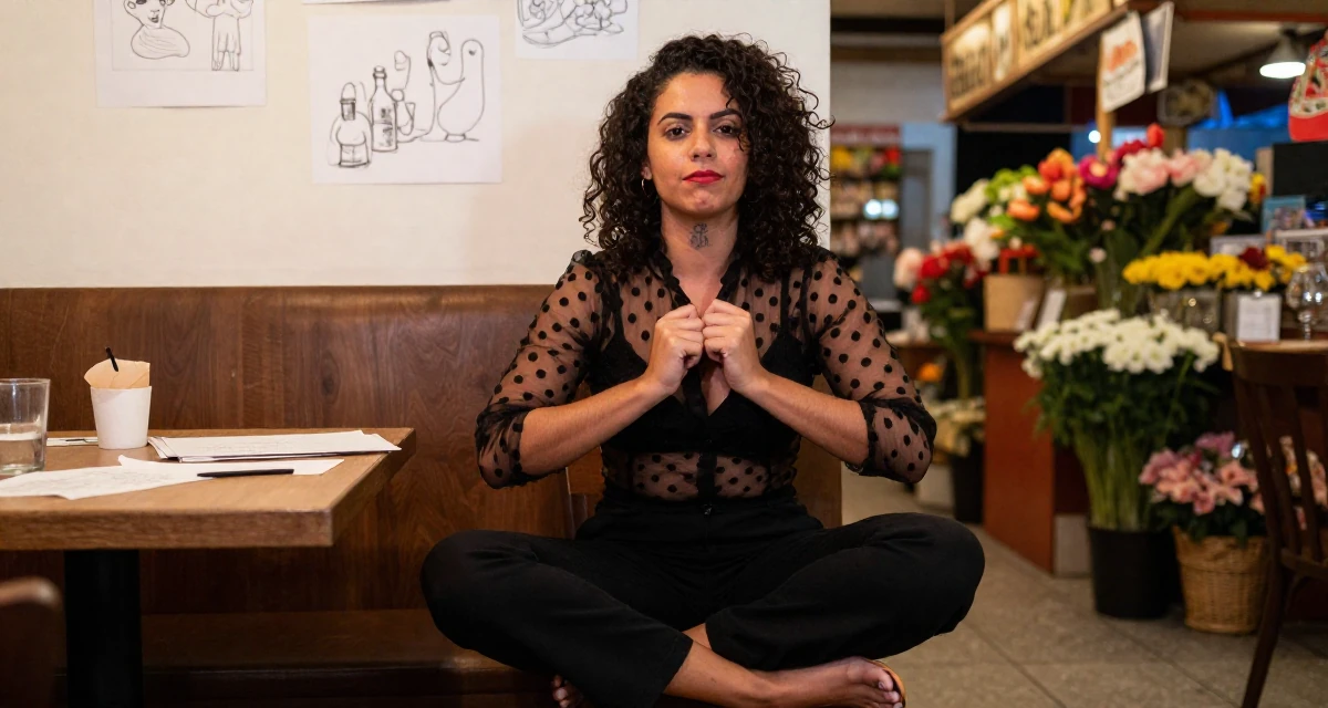 A witty Female From São Paulo Brazil, practiced samba dance and sensual movement in their 23, balancing vulnerability and professionalism, wearing a sheer polka dot blouse and black trousers, gripping a lapel in a restaurant booth.