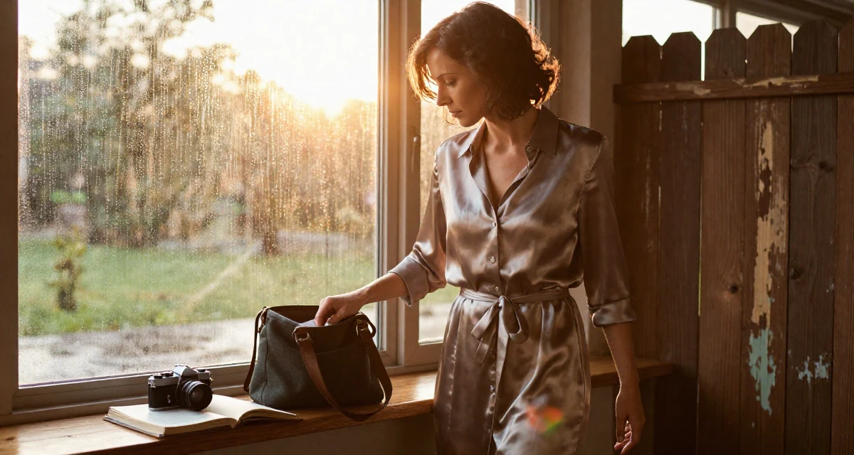 A pensive Female Once a geography teacher, now producing warm travel-inspired content in their 48, documenting the process of writing a memoir, wearing a silk shirt dress with a tie waist, reaching into a bag in a rainy window seat.