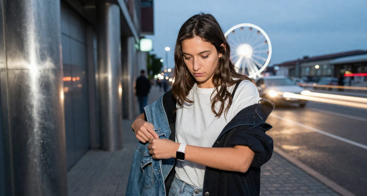 A focused and sharp Female Grew up in Croatia, studied interaction design in their 22, learning workplace expectations and boundaries, wearing a artistic layered clothing, smoothing out clothes in a city sidewalk.