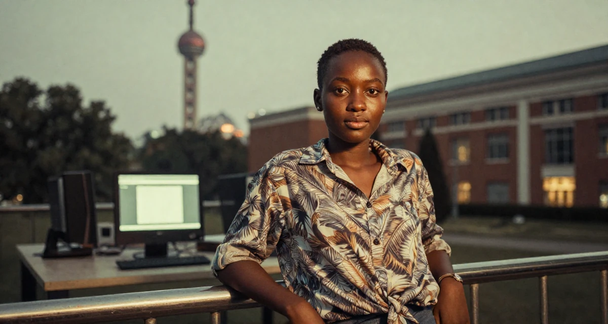 A calm and confident Female From Gabon, studied oil and gas management in their 25, learning to flirt through camera presence alone, wearing a relaxed fit patterned shirt, rolling up sleeves in a university campus.
