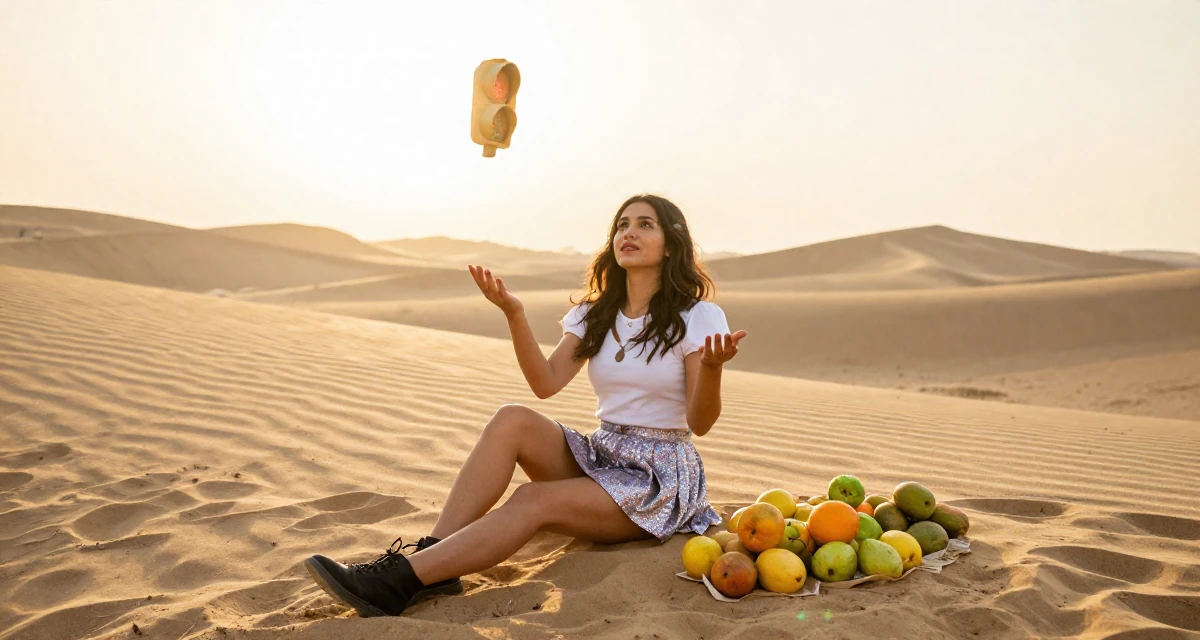 A fearless Female From Nepal, based in Pokhara, graduated from a local college majoring in entrepreneurship in their 25, juggling early career and side gigs, wearing a magical girl anime costume with a sparkly short skirt, waiting for a light to change in a desert sand dunes.