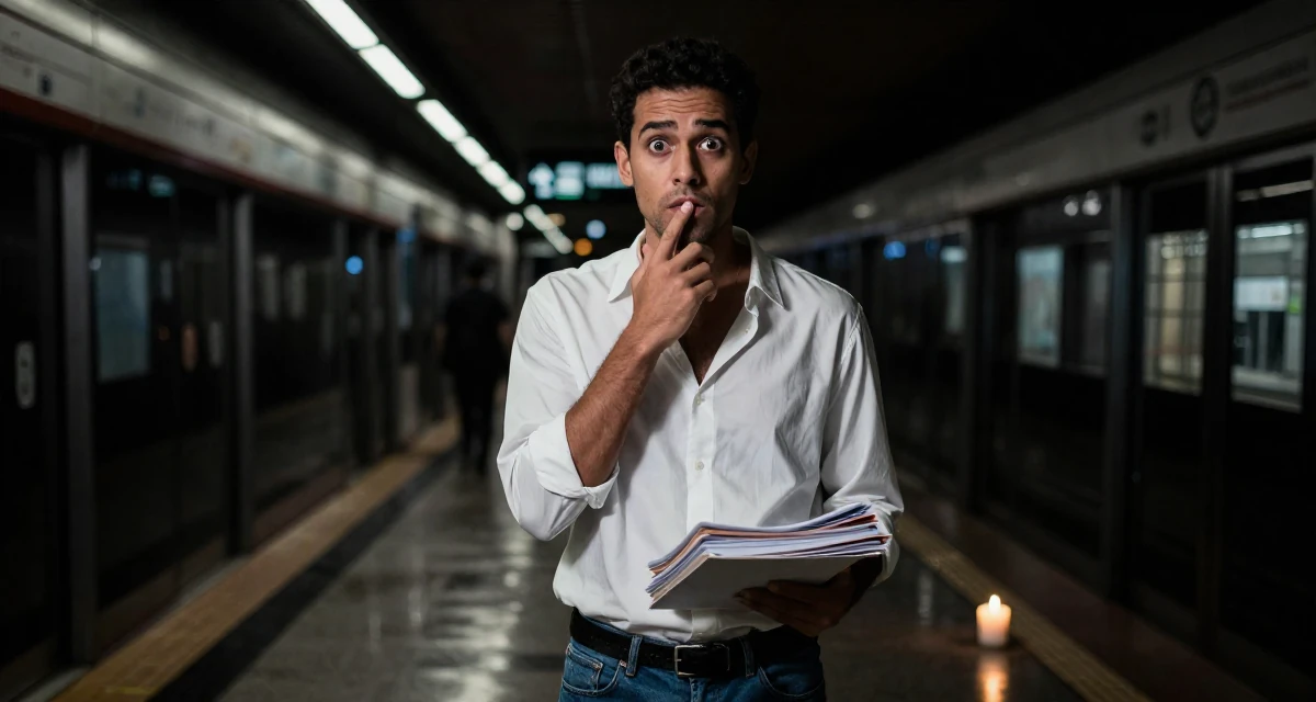A stoic and strong male Raised in Brazil, majored in multimedia arts in their 20, eyes wide with wonder and confusion, wearing a effortless white blouse and jeans, carrying a stack of documents in a subway station.