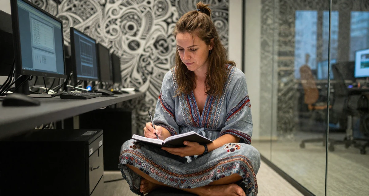 A witty Female From Germany, majored in mechanical engineering in their 28, investing in high-quality lifestyle upgrades, wearing a relaxed bohemian style dress, writing in a notebook in a cybernetic computer lab.