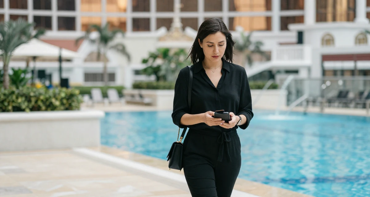 A refreshed Female From Macau, studied hospitality management in their 30, transitioning from corporate grind to creative freedom, wearing a monochromatic black outfit, checking a wallet in a swimming pool deck.